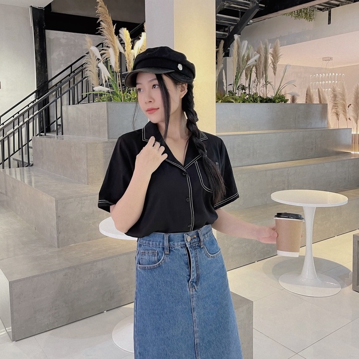 Áo sơ mi nữ tay ngắn FM Style form rộng vải cotton cao cấp họa tiết chỉ nổi ulzzang mang đi học đi làm 220323405