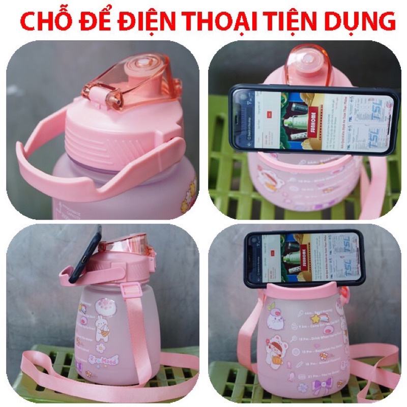 Bình Đựng Nước Loang Màu Dễ Thương Có Vạch Báo Giờ Uống Nước 1300ml Tặng Kem Sticker 2D
