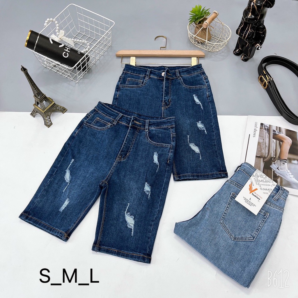 Quần jean lửng gối nữ lưng cao mẫu rách co giãn tua lai