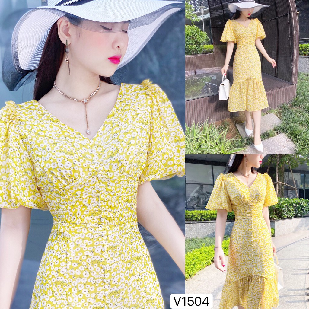 Váy vàng hoa cúc trắng tay bồng V1504 - QUEEN SHOP DOLCE VIVA COLLECTION ( ảnh mẫu và trải sàn do shop tự chụp)