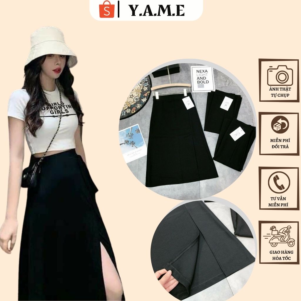Chân váy dài xẻ tà nữ lưng cao màu đen chất liệu thun mềm mại cao cấp - Y.A.M.E Clothing Mã 037