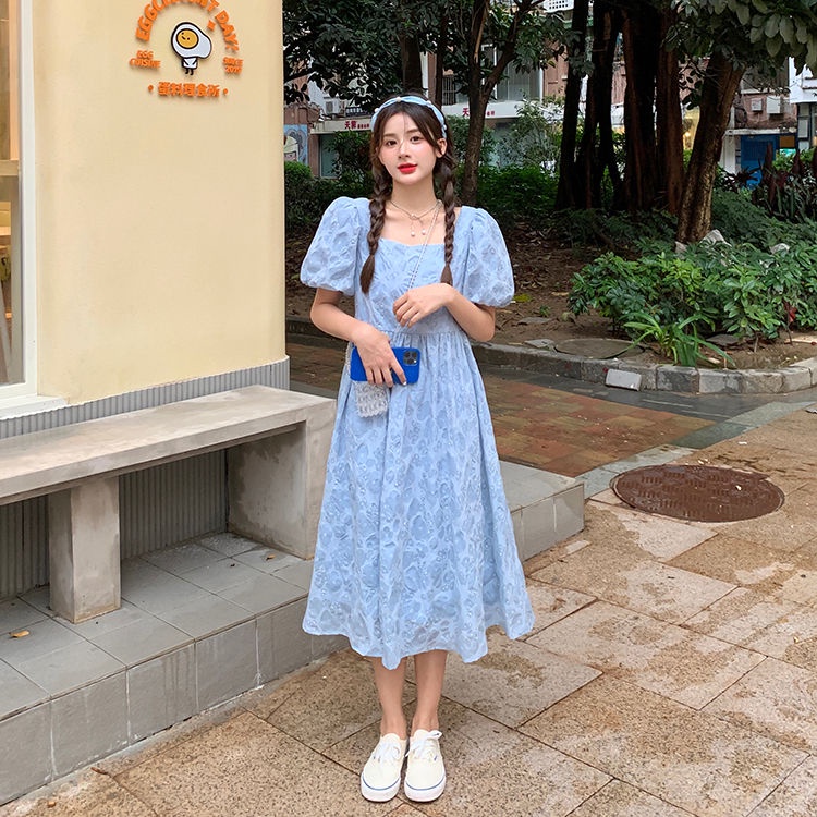 Đầm Tay Phồng Cổ Vuông Phong Cách Retro Pháp Cho Nữ