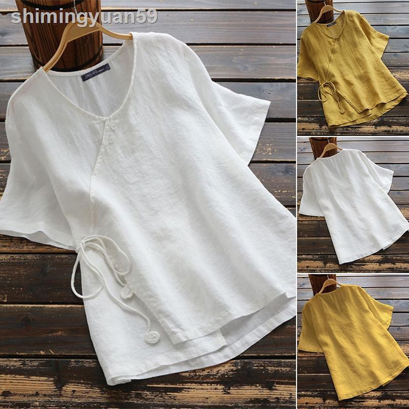 ❁∋🎀🎀Áo Sơ Mi Tay Lửng Dáng Rộng Bằng Cotton Màu Trơn Phong Cách Dân Tộc Thời Trang Mùa Hè Dành Cho Nữ Plus Size S🎀🎀