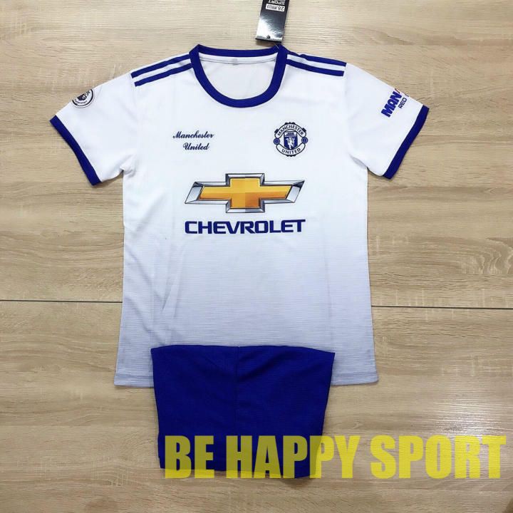 Quần Áo Bóng Đá Trẻ Em Manu Trắng Xanh Quần Đen Mặc Mát - Áo Bóng Đá Nam PP Bởi Be Happy Sport