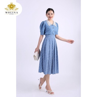 Set Áo Croptop Cổ Bèo Ren Hoa Nhí Thiết Kế Molina Kèm Chân Váy Dài Xếp Ly Thanh Lịch, Màu Xanh Jean Chấm Bi Trẻ Trung
