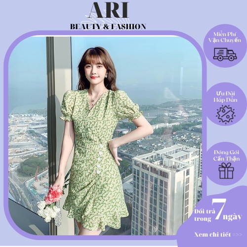 Đầm hoa nhí vintage xanh lá cây chất mềm mát, Váy hoa nhí cổ V hàng Quảng Châu cao cấp