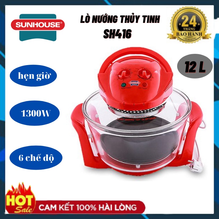 Lò Nướng Mini Sunhouse Thủy Tinh SH416 Vói 6 Chế Độ Nấu, Nồi Thủy Tinh Đảm Bảo Sức Khỏe Hàng Chính Hãng