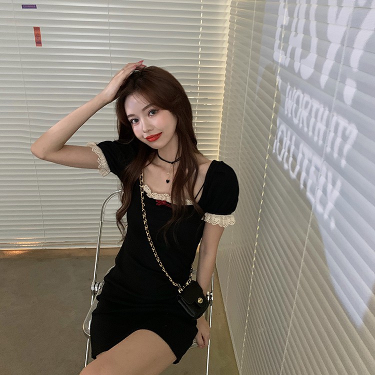 Xiaozhainv Đầm Tay Ngắn Cổ Vuông Phối Ren Phong Cách Hàn Quốc | BigBuy360 - bigbuy360.vn