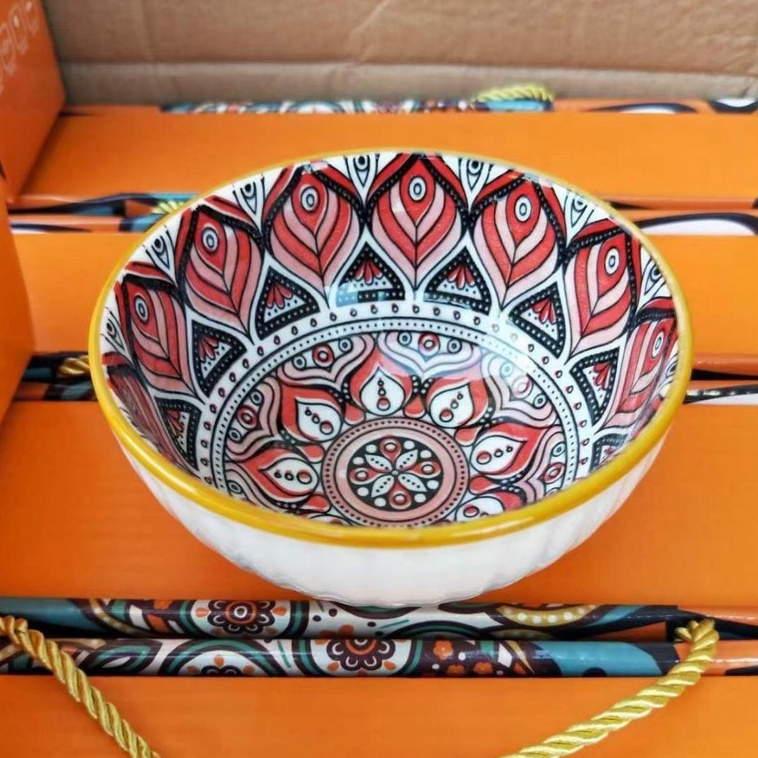 Bộ 6 chén  Nhật phong cách bohemian độc đáo tặng kèm đũa