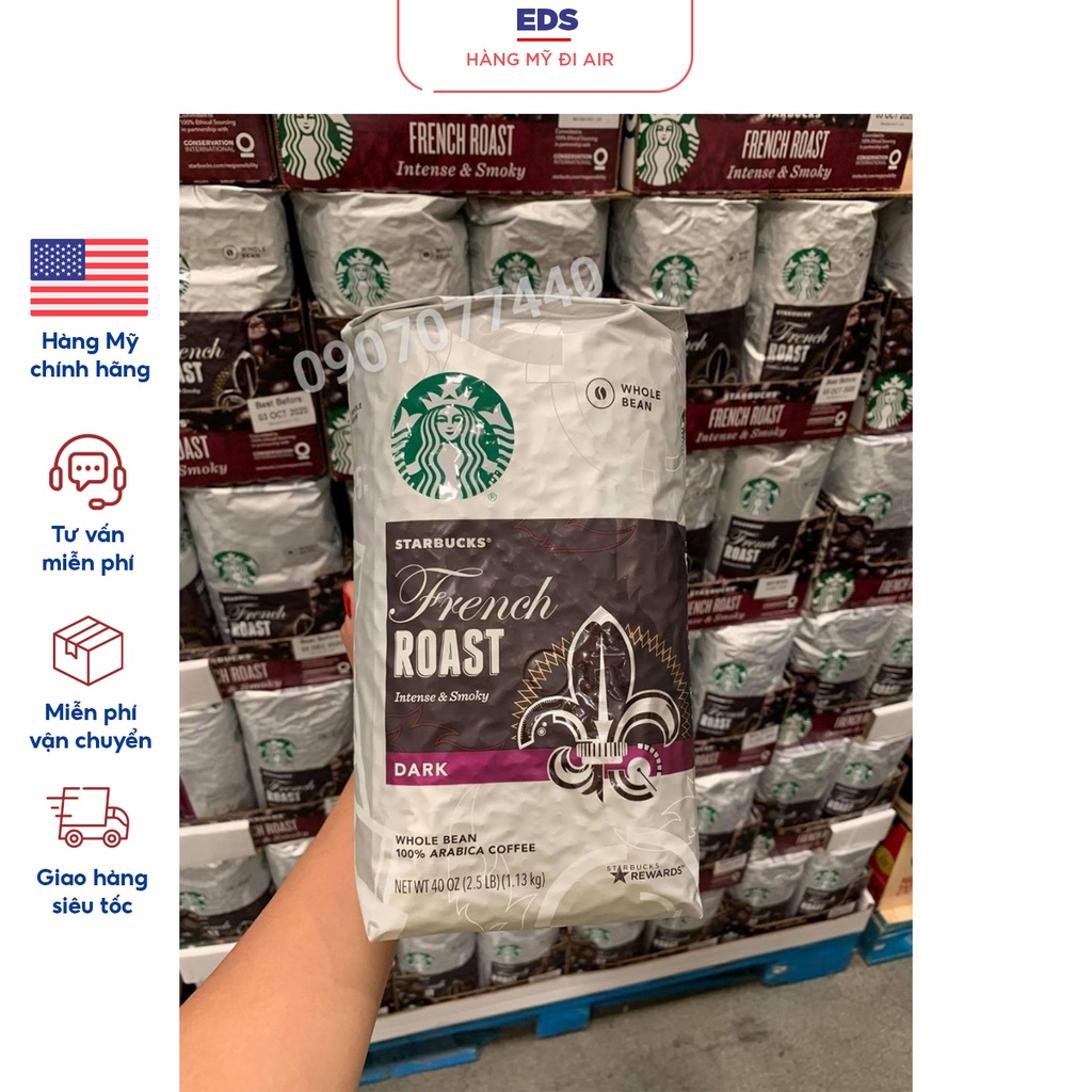 Cà phê hạt nguyên chất Starbucks Mỹ date 10/2022 Arabica French Roast Dark StarBucks Khối Lượng 1,13kg - EDS Hàng Mỹ