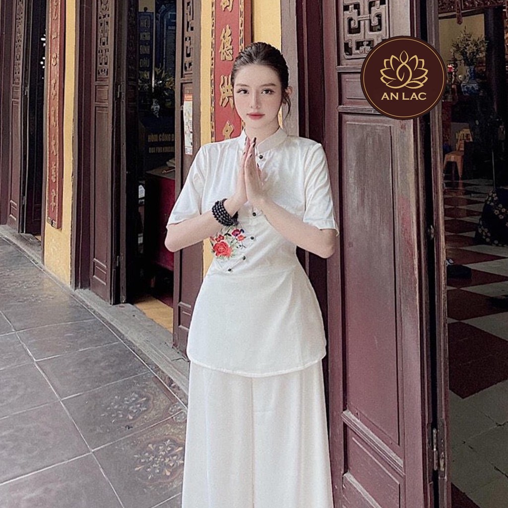 Đồ lam đi chùa mẫu áo lụa cổ cao vải lụa tơ siêu mềm mại dày dặn