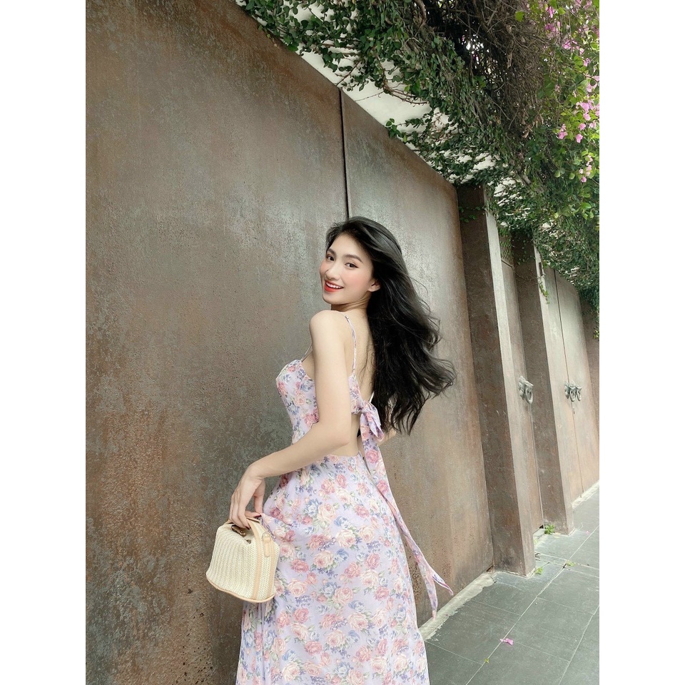 Đầm đi biển maxi 2 dây cột nơ sau lưng có mút ngực