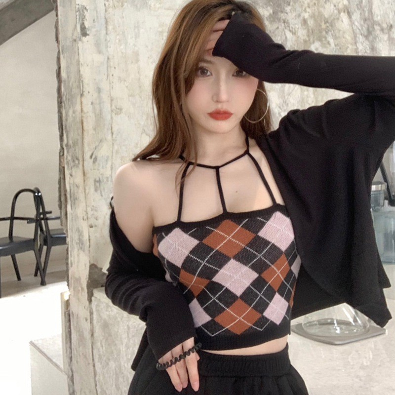 Áo Hai Dây Dệt Kim Hoạ Tiết Hình Thoi Cho Nữ