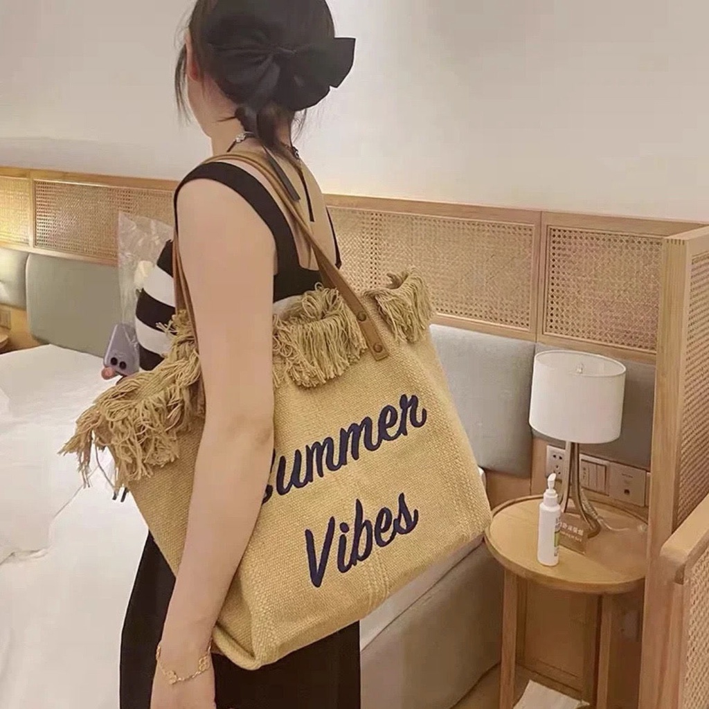 Túi Xách Vải Canvas Cỡ Lớn Thêu Chữ Phối Núm Tua Thời Trang Mùa Hè Mới Cho Nữ