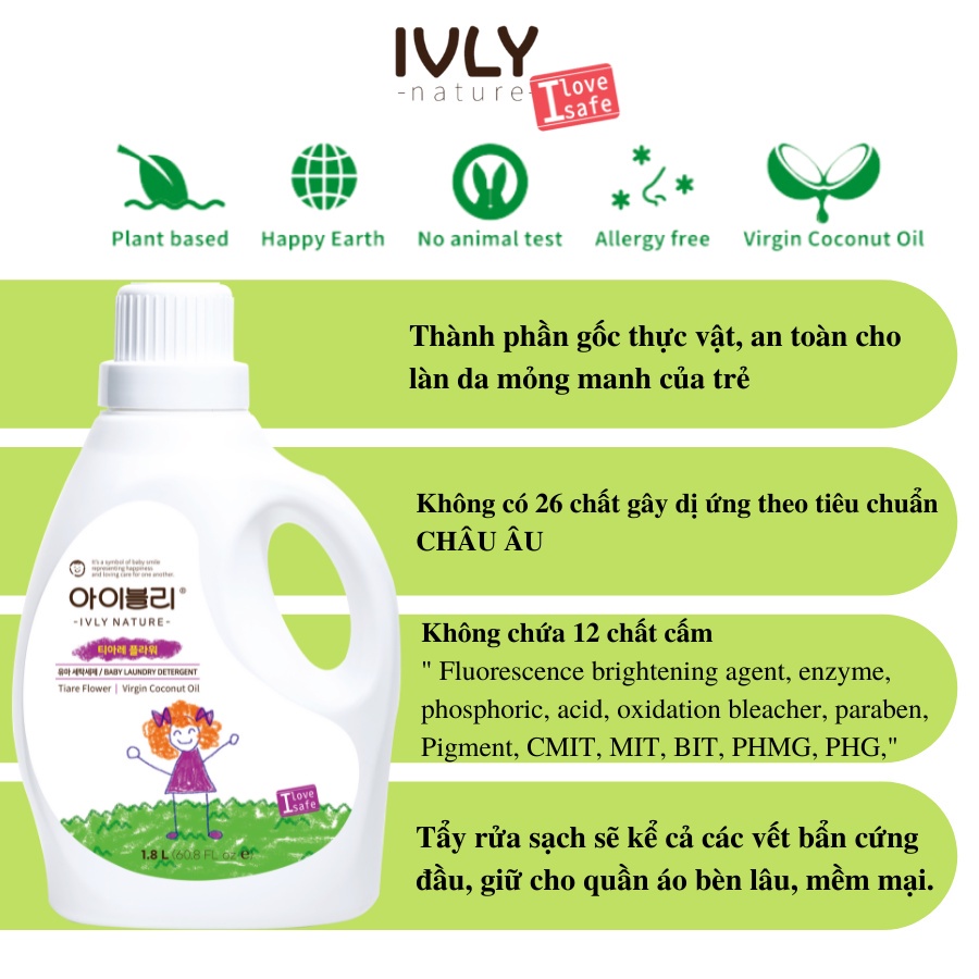 Combo nước giặt và nước xả vải hữu cơ IVLY NATURE hương hoa Tiare dạng chai dung tích 1800ml + túi 1200ml ivly005