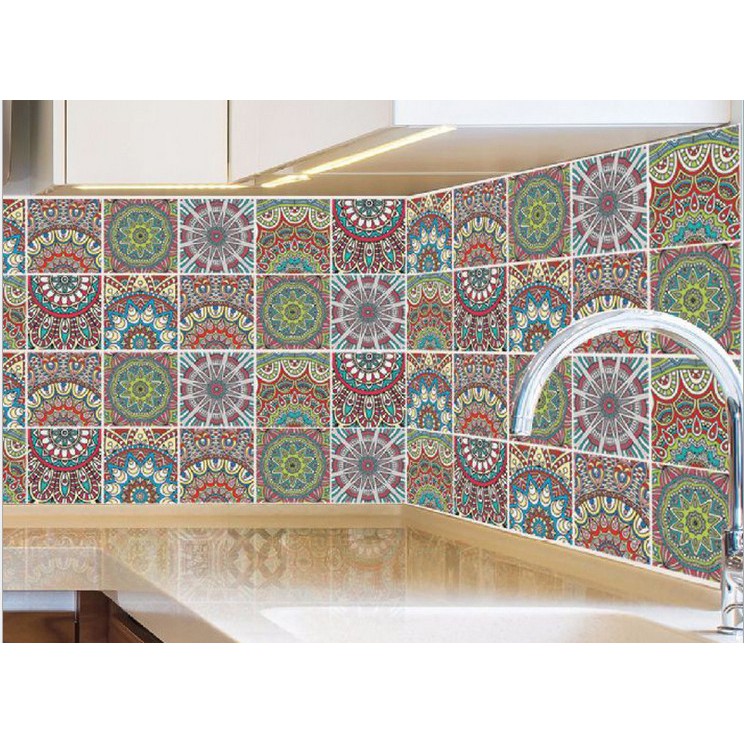 Decal gạch bông hoa văn đỏ xám dạng rời (1 bộ 6 tấm 20cmx20cm)