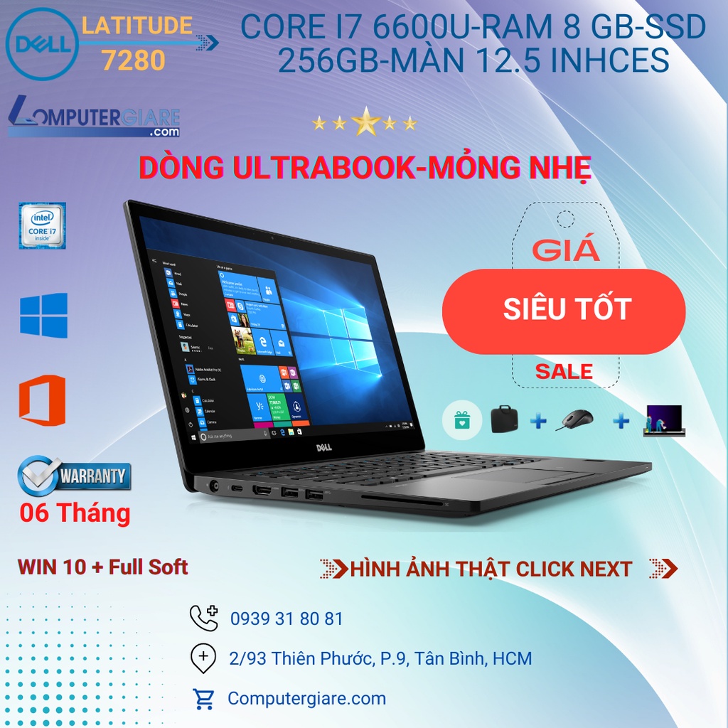 Laptop cũ Dell Latitude 7280-Core i7 6600U RAM 8GB SSD 256GB Màn 12.5 inches mỏng nhẹ, chạy mướt ứng dụng