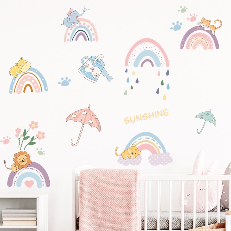 Miếng Dán Tường Trang Trí Phòng Trẻ Em Mẫu Giáo Tự Dính Hình Cầu Vồng Hoạt Hình Bằng PVC Mới