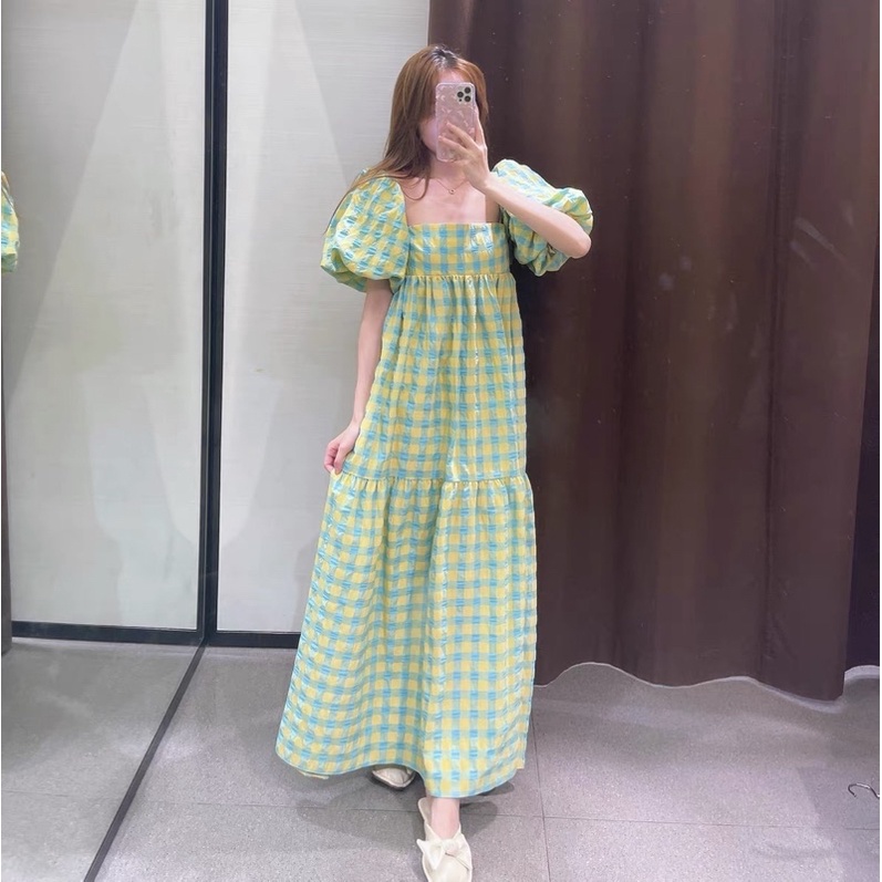 Đầm caro vàng xanh dáng dài tay phồng ZR xuất xịn kèm ảnh thậ