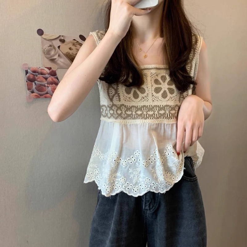 Áo Croptop Dệt Kim Không Tay Thêu Họa Tiết Thời Trang Cho Nữ