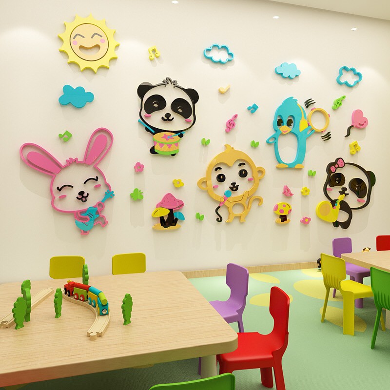 Tranh mica dán tường cho bé 3d, Tranh mica 3D - Ban nhạc động vật, trang trí mầm non, trang trí khu vui chơi trẻ em
