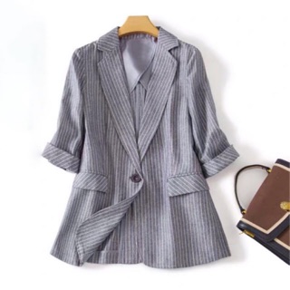 Áo Vest Blazer Sọc Xám Linen Tay Lỡ