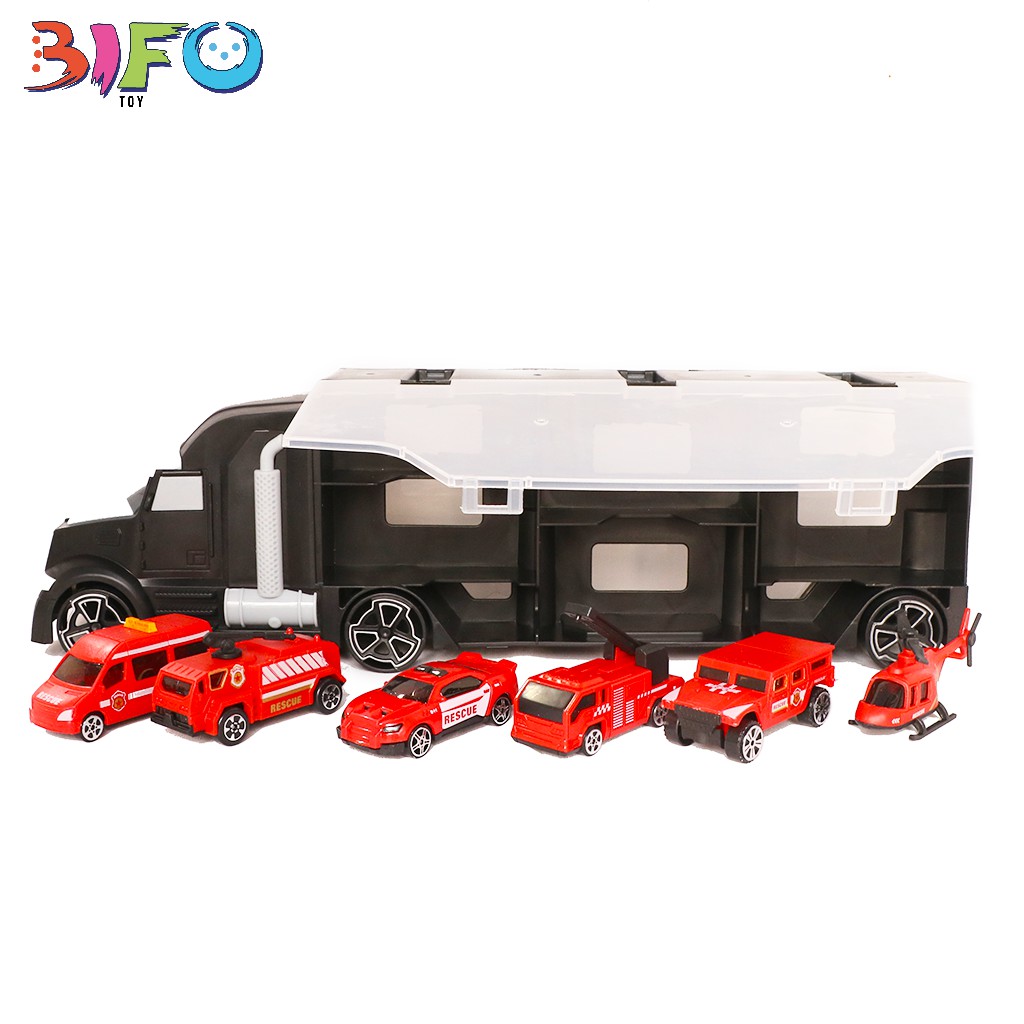 Hộp ôtô đồ chơi xe container vận chuyển xe ô tô và trực thăng (6 chiếc), ôtô đồ chơi, đồ chơi bé trai từ 2-6 tuổi