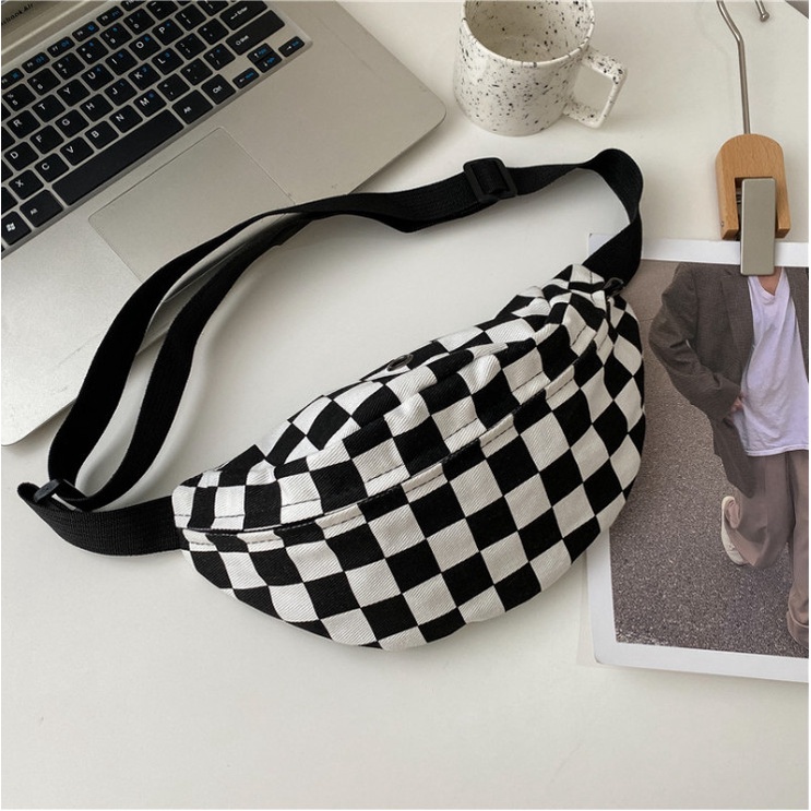 Túi canvas đeo chéo bao tử unisex đi chơi nhỏ gọn in họa tiết Caro checkerboard hottrend chụp ảnh đẹp độc