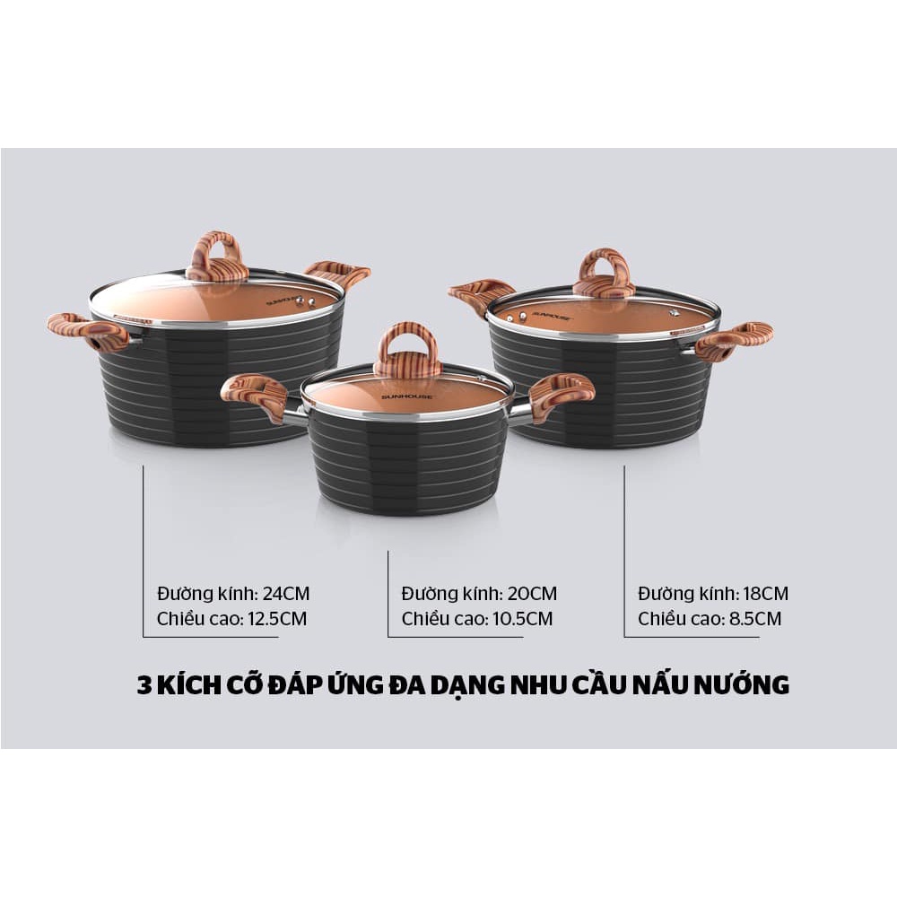 Bộ 3 nồi chống dính Sunhouse đáy từ, lòng nồi phủ sứ Ceramic chống dính, dùng được bếp từ, SHG2003MCA (có bán lẻ 1 nồi)