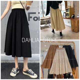 🌼Chân váy kaki thô nhún vạt🌼 Đầm midi thiết kế dáng phồng 3 màu ĐEN/ NÂU/ BE SIÊU HOT