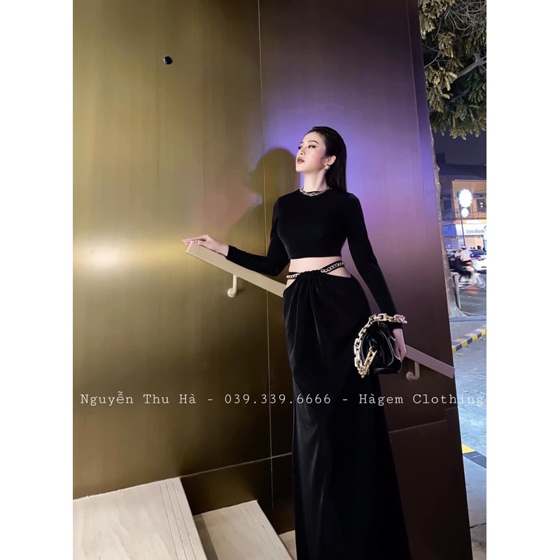Sét áo croptop tay dài mix kèm chân váy dài cạp chéo khoét hông