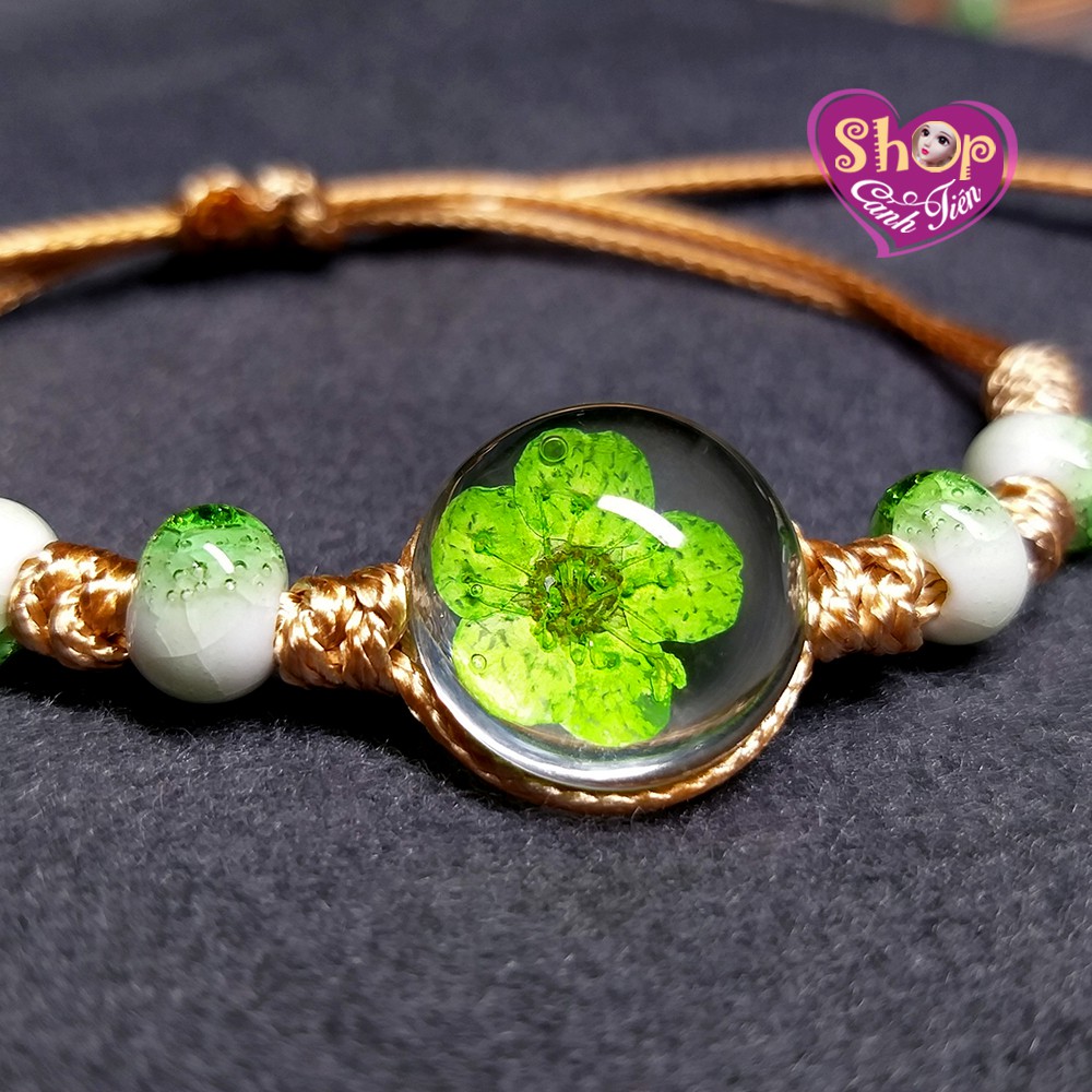 Vòng tay Handmade Hoa khô thủy tinh mix hạt gốm men rạn rất Xinh