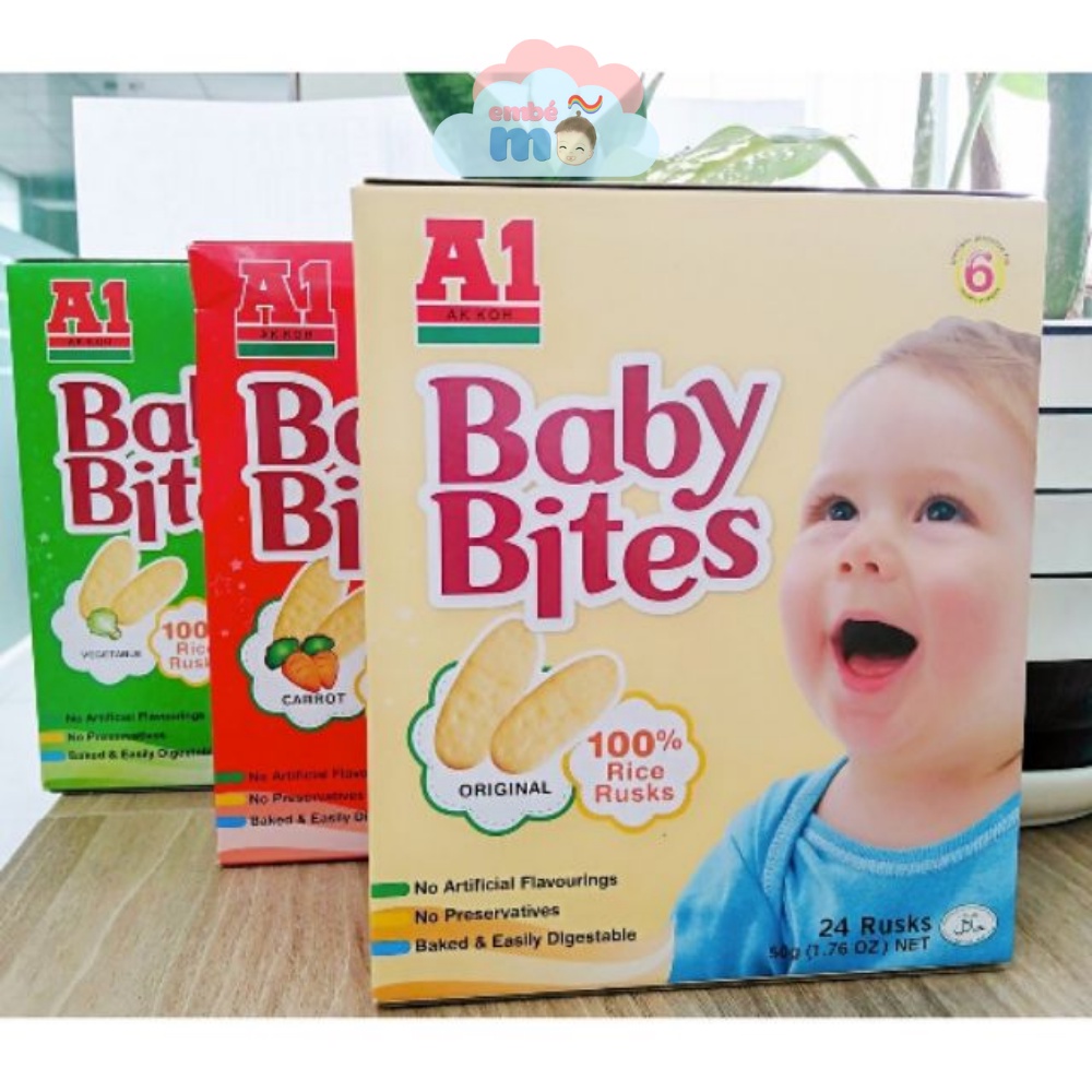 Bánh Gạo Ăn Dặm Cho Bé BABY BITES A1 Bánh Gạo Cho Trẻ Từ 6M+ Hộp 24 Gói - Embé Mỡ