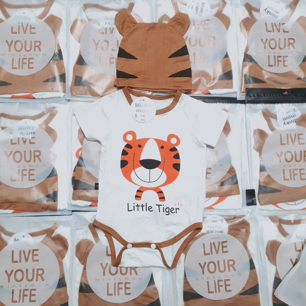 Set body chip cộc tay kèm mũ xinh xắn in hình HỔ TIGER cho bé yêu, vải thun lạnh chuẩn mát đóng túi zip xịn xò