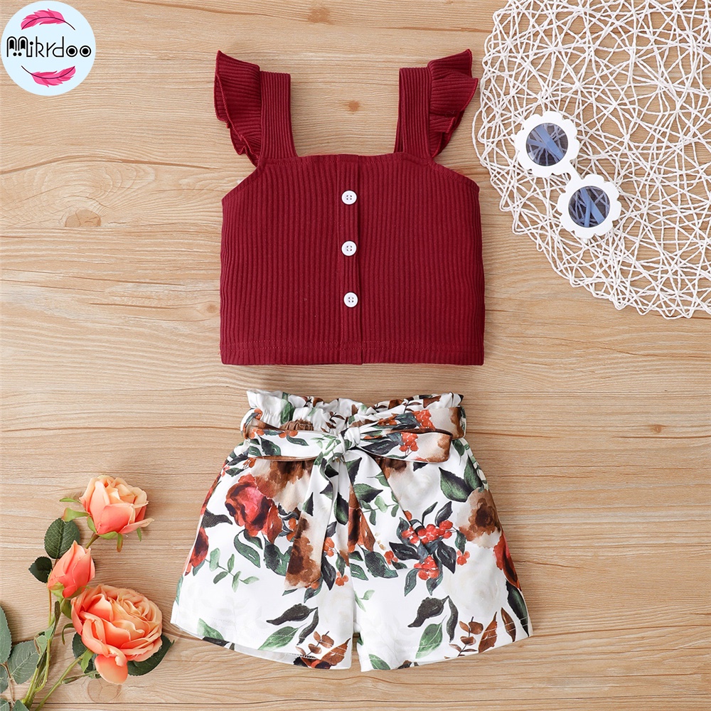 Bộ trang phục MIKRDOO 2 món gồm áo hai dây và quần đùi in hoa dễ thương thời trang mùa hè cho bé