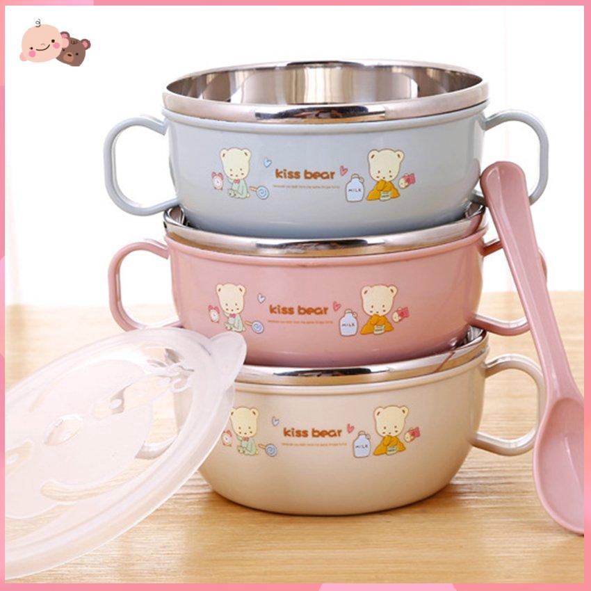 Bát ăn dặm hai quai bằng thép không gỉ có nắp đậy và thìa an toàn cho bé