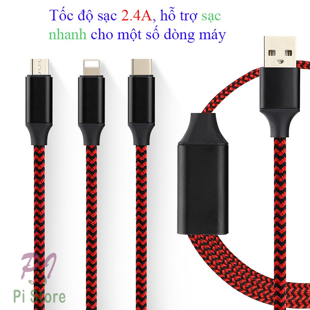 [Bán Lỗ Xả Kho] Cáp sạc nhanh/Cáp truyễn dữ liệu chia 3 đầu cắm Micro USB Type-C Lightning tiện dụng dài 1.2m