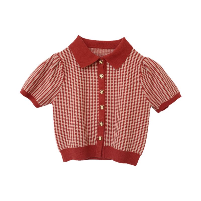 Áo Thun Dệt Kim Ngắn Tay Cổ Polo Họa Tiết Kẻ Sọc Phong Cách Vintage Cho Nữ