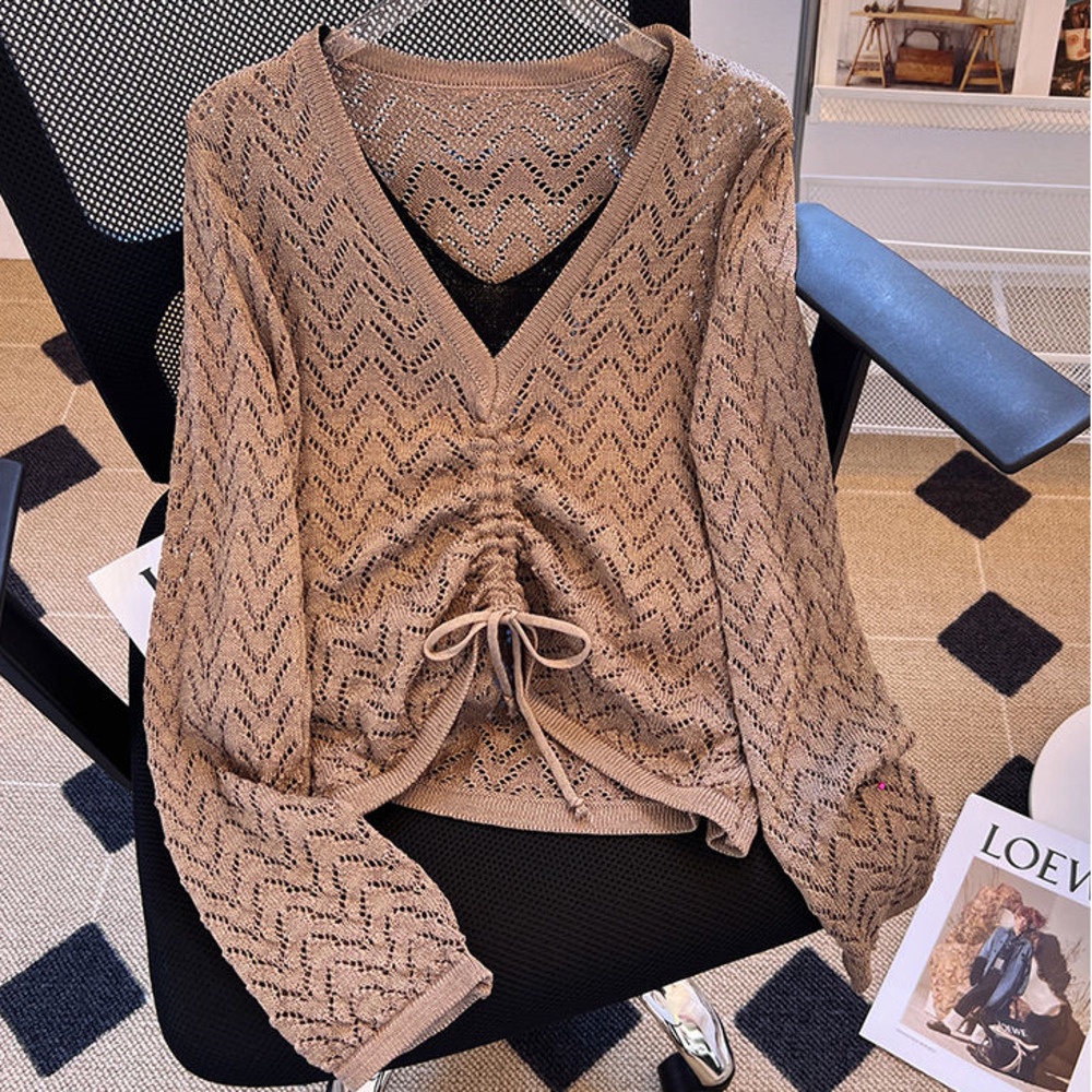 Áo Thun Cổ Chữ v Phối Dây Rút Phong Cách Hàn Quốc Thời Trang Mùa Thu Hàng Mới Dành Cho Bạn Nữ