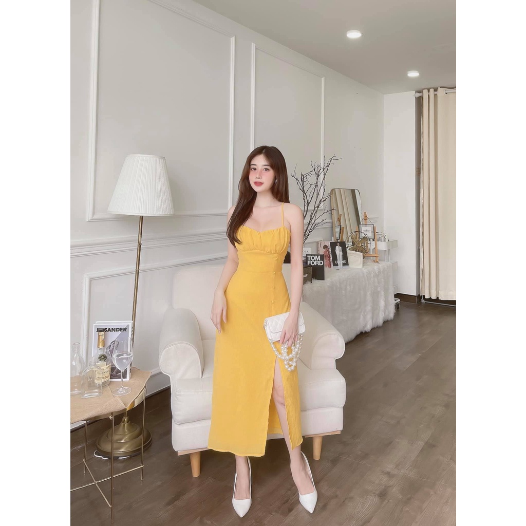 [Ảnh thật] Đầm ôm body 2 dây nhún ngực xẻ tà đính nút bọc cực quyến rũ