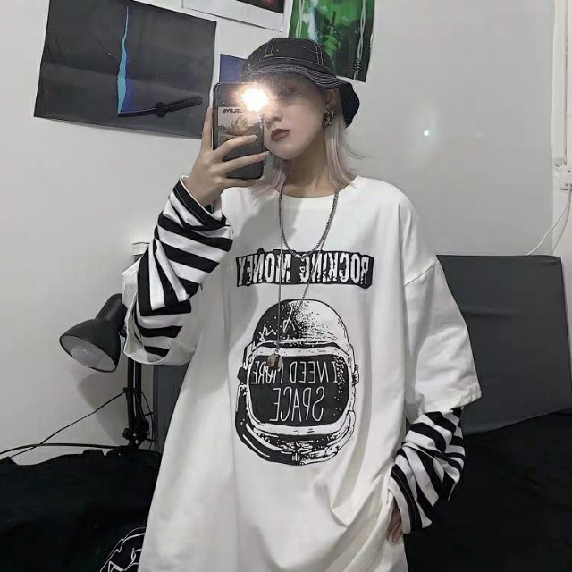 (Sẵn Trắng M, Đen M L XL 2XL) Áo thun dài nối tay 95% cotton phối sọc unisex nam nữ