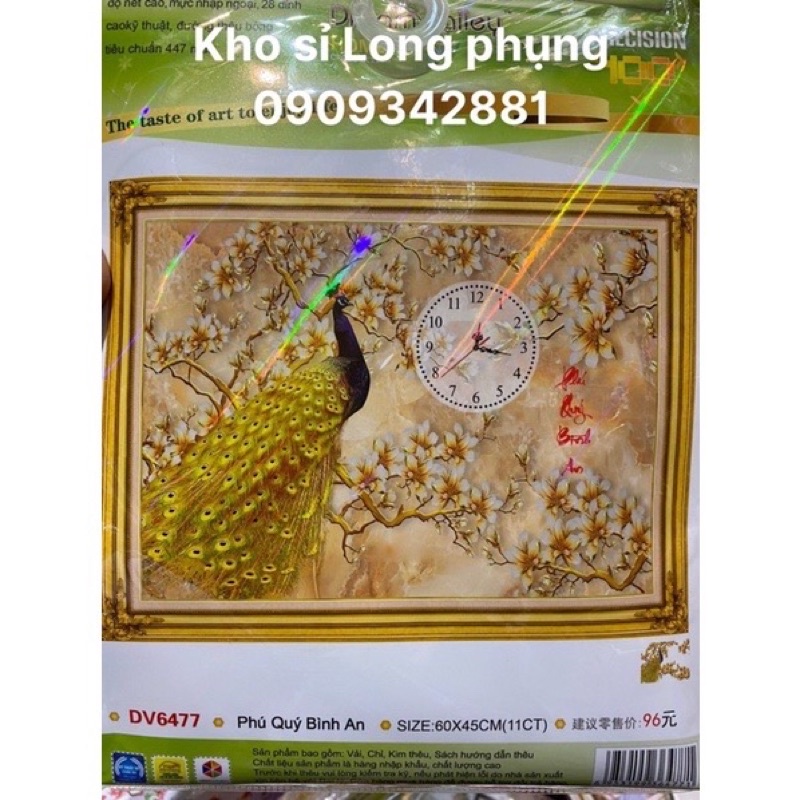 Tranh thêu Chữ thập Đồng hồ PHÚ QUÝ CÁT TƯỜNG Dv6477   chưa thêu