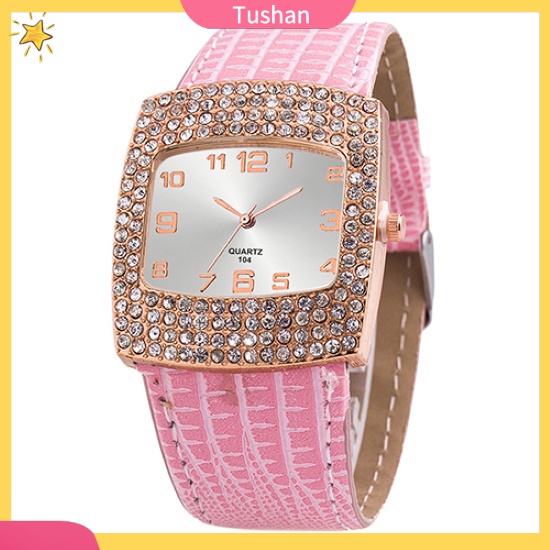 Đồng hồ mặt vuông đính đá phối dây đeo giả da cho nữ