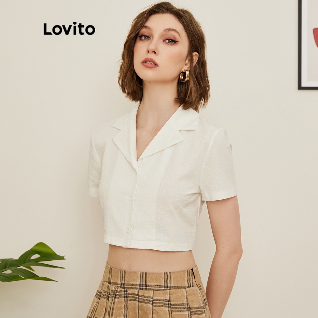 Áo Lovito ngắn tay dáng ngắn có túi có cổ màu trơn phong cách Preppy L19D015 (màu trắng)