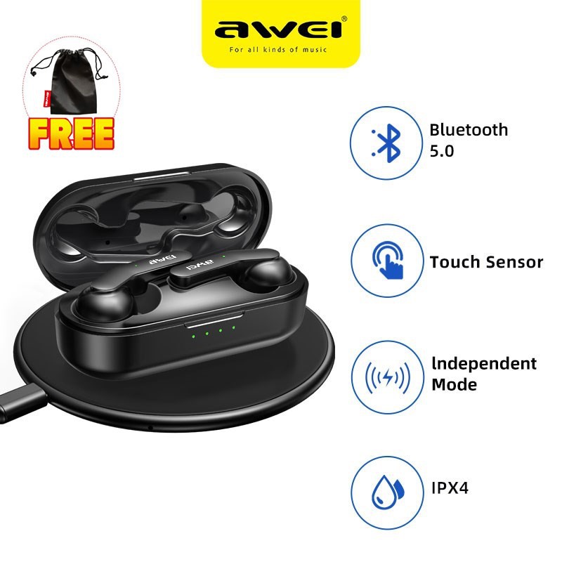 Tai Nghe AWEI T10C TWS Bluetooth V5.0 Chống Ồn Cho Chất Âm HiFi Stereo Hỗ Trợ Sạc Không Dây Có Chế Độ Chơi Game