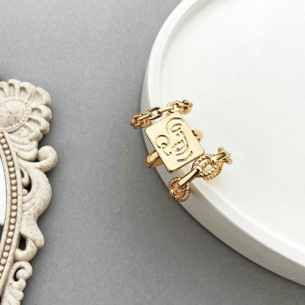 Bộ Nhẫn Dây Xích Xoắn Tối Giản|Nhẫn Hình Mặt Cười Màu Sắc Tương Phản Thời Trang