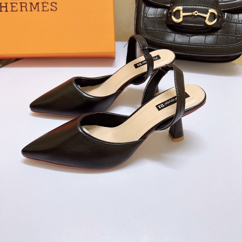 Giày sandal cao gót công sở bít mũi da lì chun sau trơn gót nhọn 5p hàng vnxk cao cấp