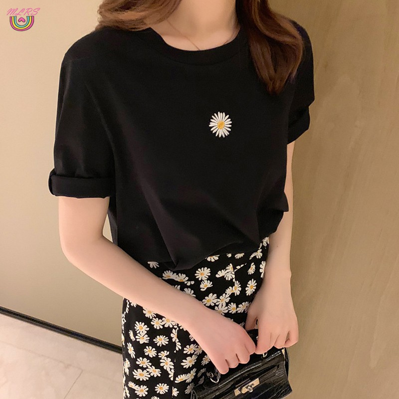 VN Set Chân Váy Chữ A Và Áo Thun Tay Dài Họa Tiết Hoa Cúc Thời Trang Cho Nữ