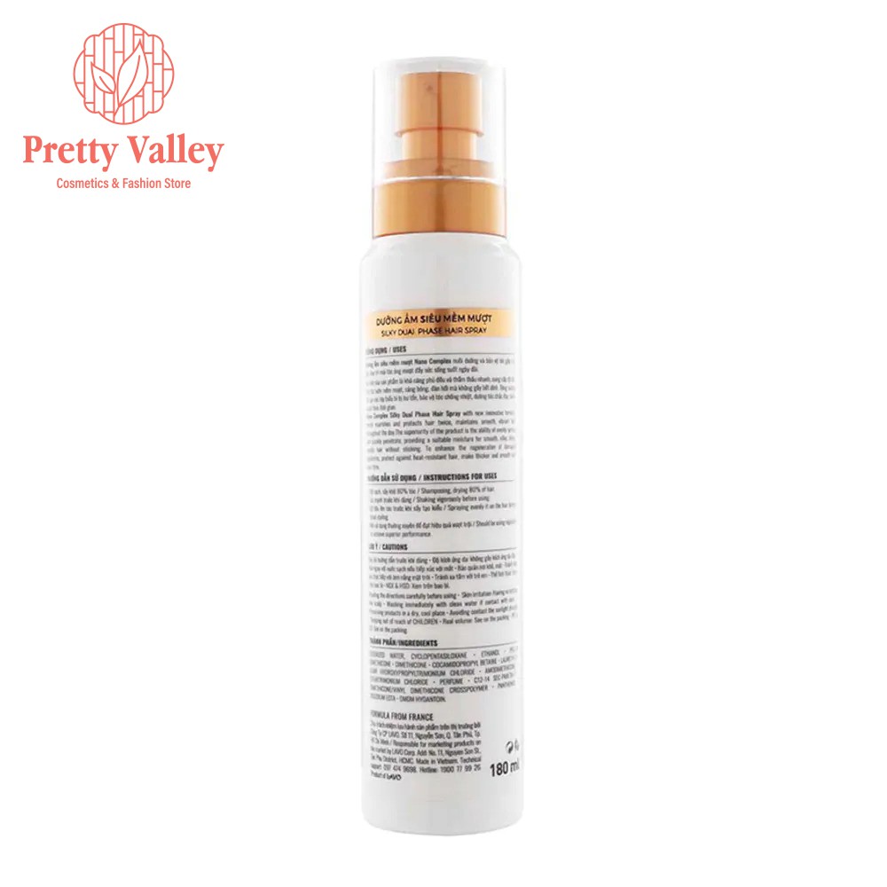 Xịt dưỡng ẩm tóc Lavox Nano Complex Silky Dual Phase Hair Spray siêu mềm mượt 180ml - Pretty Valley Store