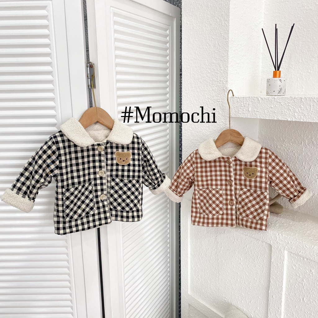 (Hàng thiết kế) Áo khoác lót lông caro đính gấu ấm áp cho bé trai bé gái từ 5-15kg